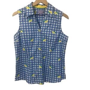 Laura Scott Blue White Gingham Button Down Blouse Lemon Print Sleeveless Sz M
